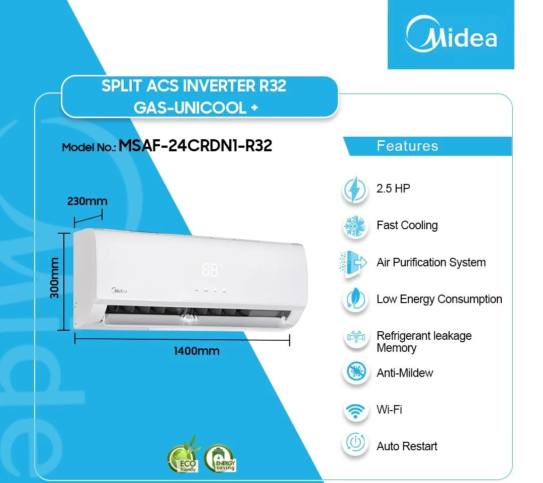 Midea 2.5 HP Split AC Inverter R32 Gas Unicool + (MSAF-24CRDN1-R32) specification and features