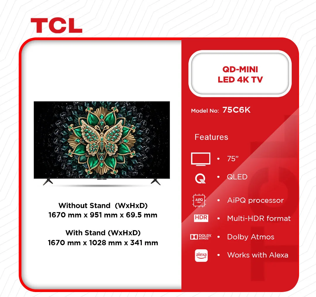 TCL 75" Qd-mini LED 4K TV (75C6K) specification and features
